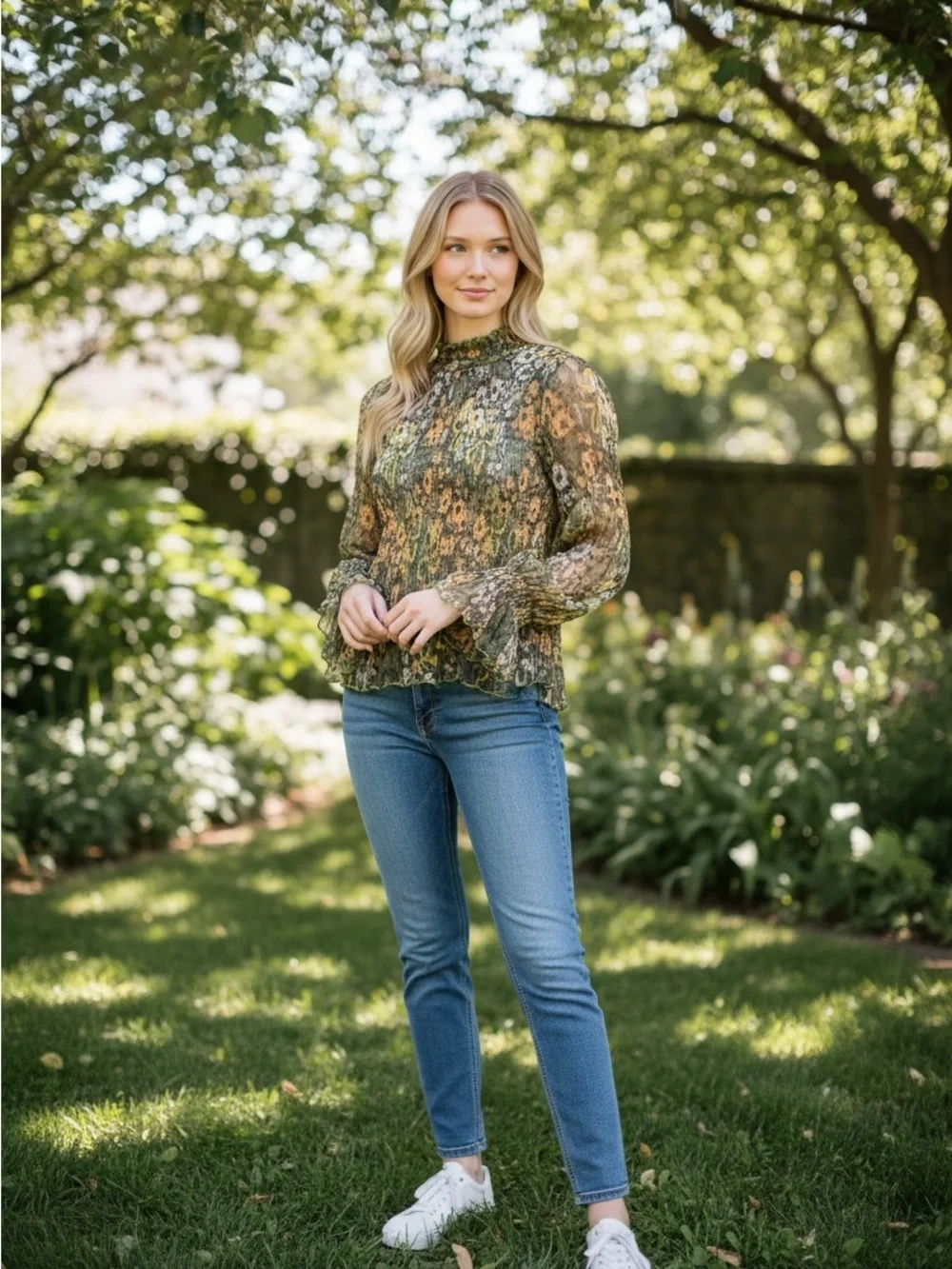 Free People Olive & Mustard Sheer Ruffle-Neck Floral Blouse